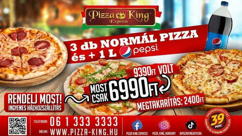 Pizza King 11 - 3 db normál pizza 1 literes Pepsivel - Szuper ajánlat - Online rendelés